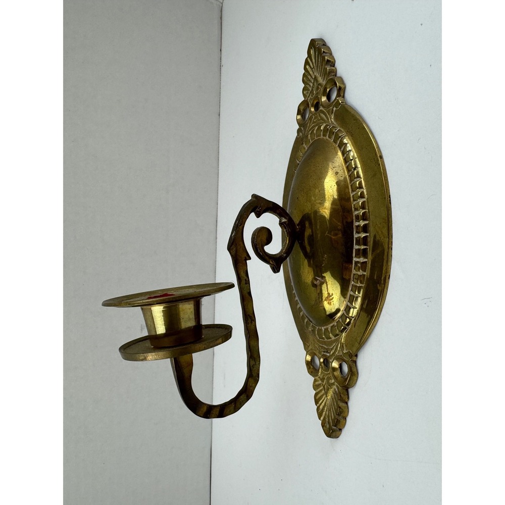 Vintage Solid Brass Wall Sconce Candle Holder Ornate Scroll Oval Backplate 9.25"